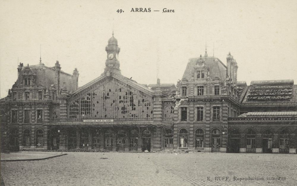 The railway station at Arras after a series of German bombardments. 1914.  